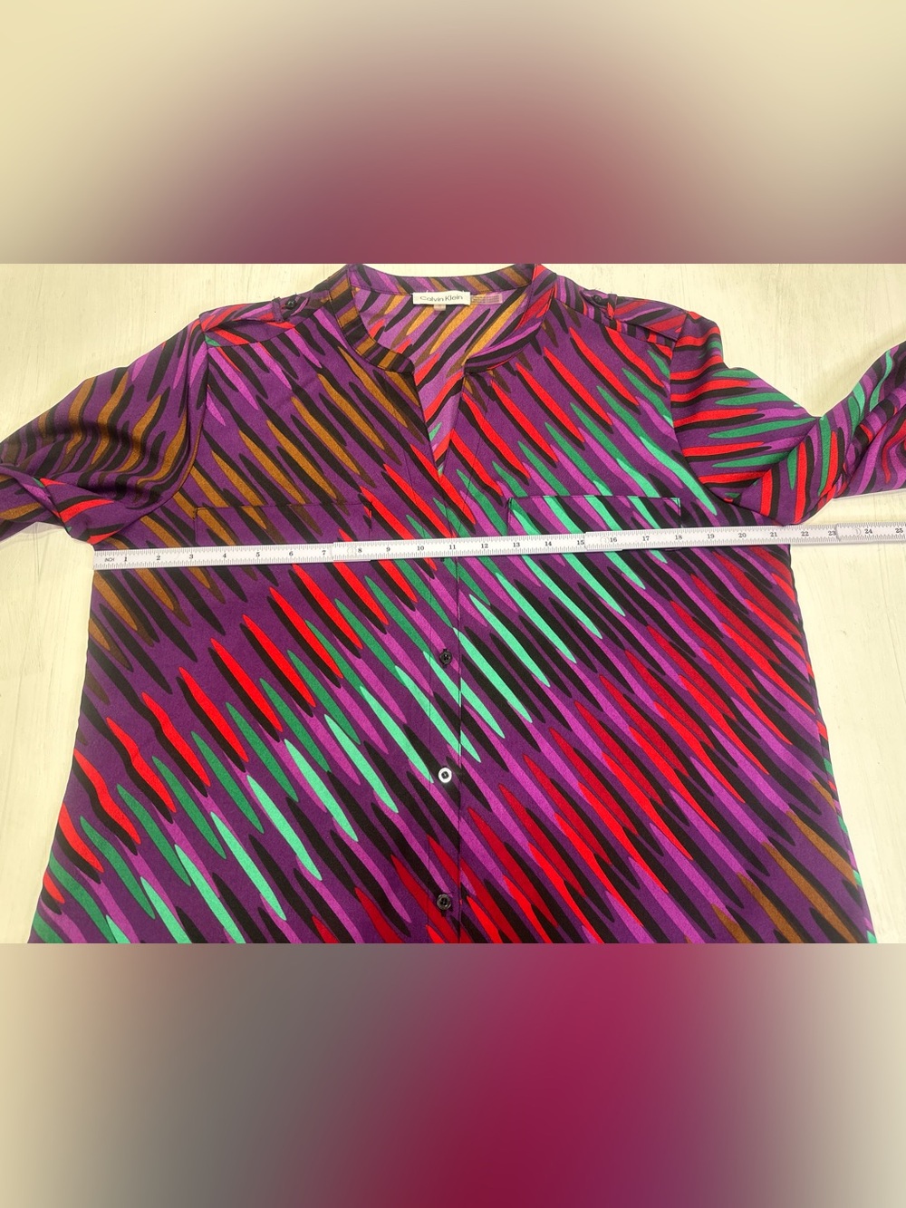 Calvin Klein Women’s L Purple Abstract Semi Sheer Button Front Blouse Top - Picture 4 of 11